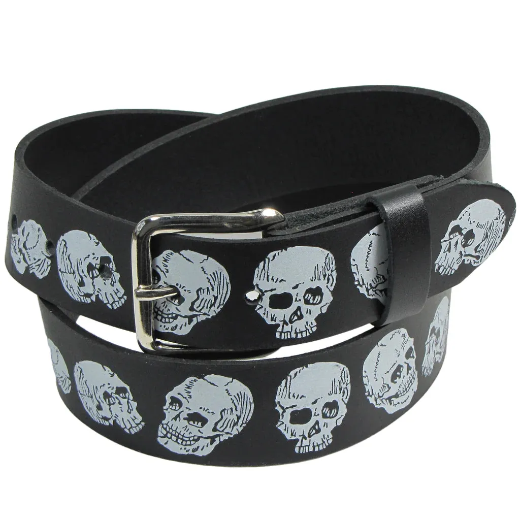 Black Leather Belt w/ White Skulls