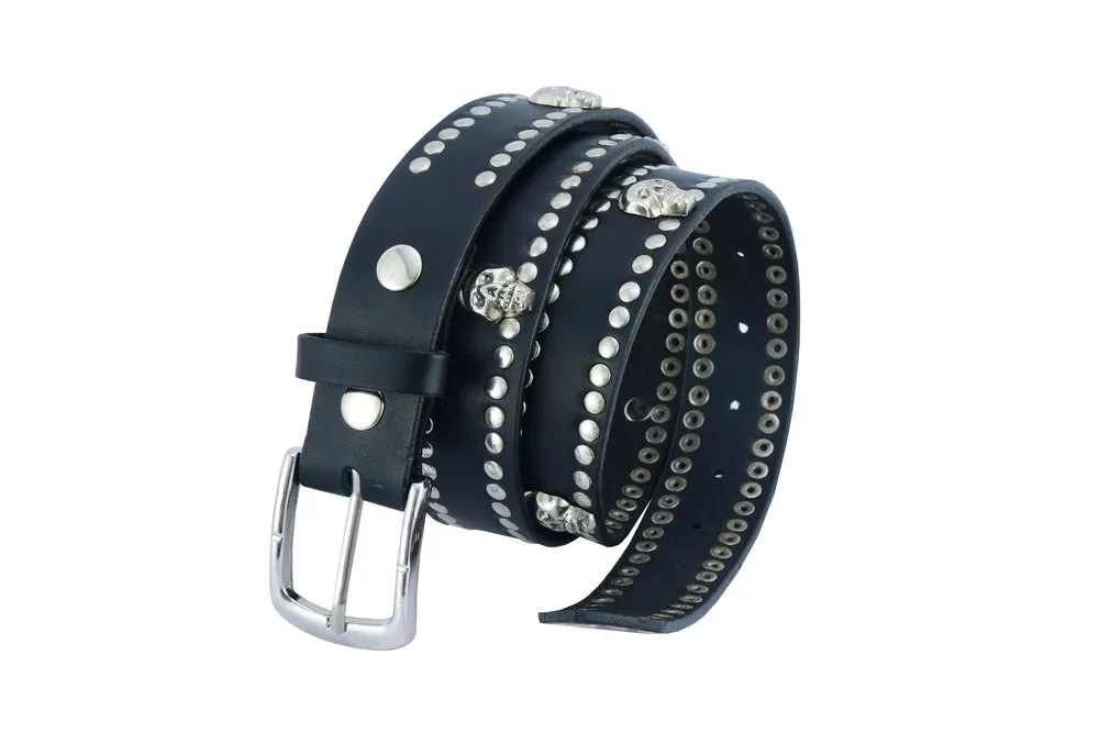 BLT Black Leather Belt with Silver Studs and Skulls