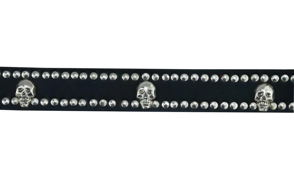 BLT Black Leather Belt with Silver Studs and Skulls