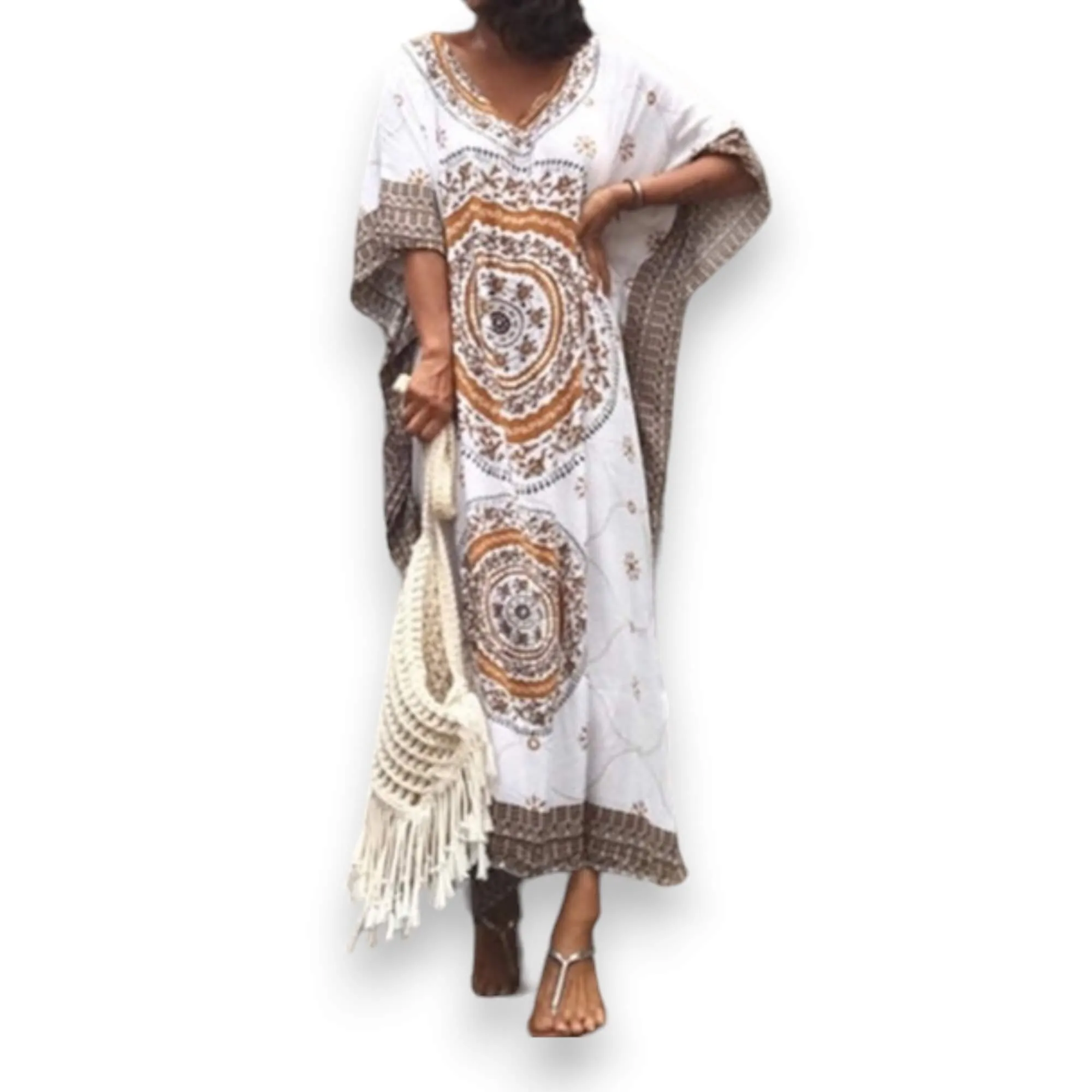 Boho Ivory Brown Medallion Maxi Kaftan Dress