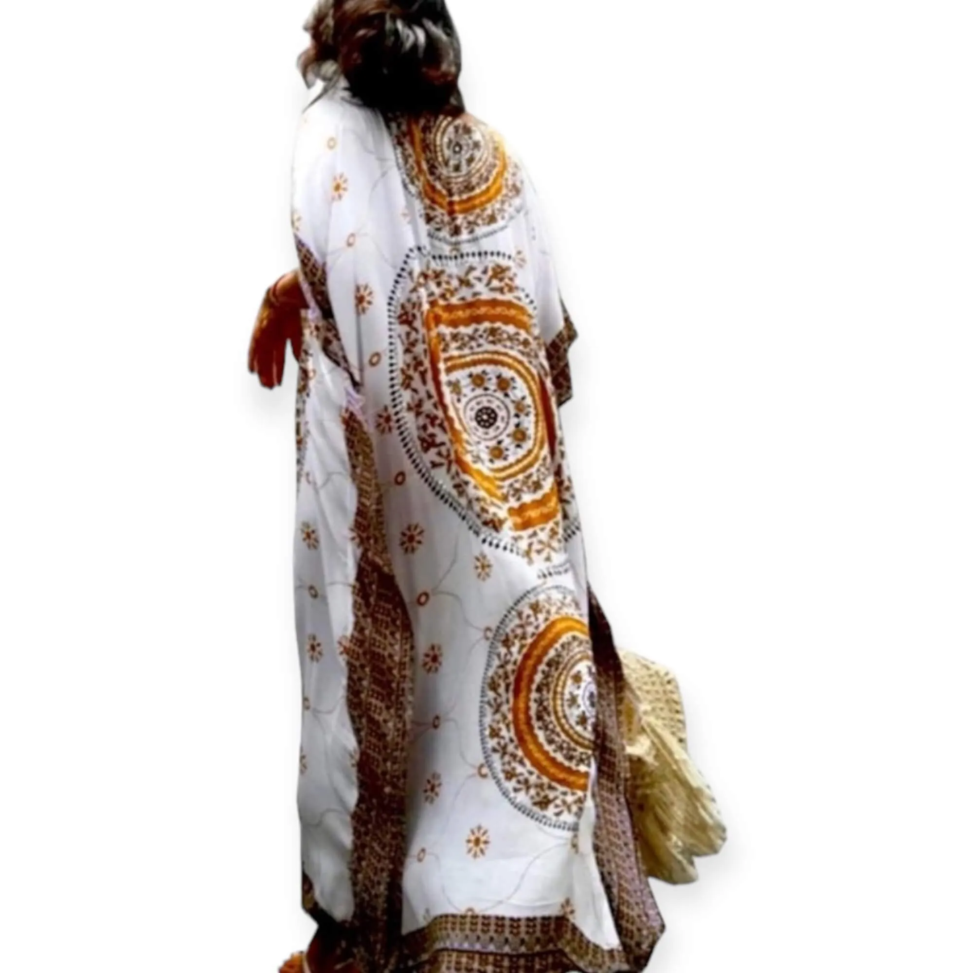 Boho Ivory Brown Medallion Maxi Kaftan Dress