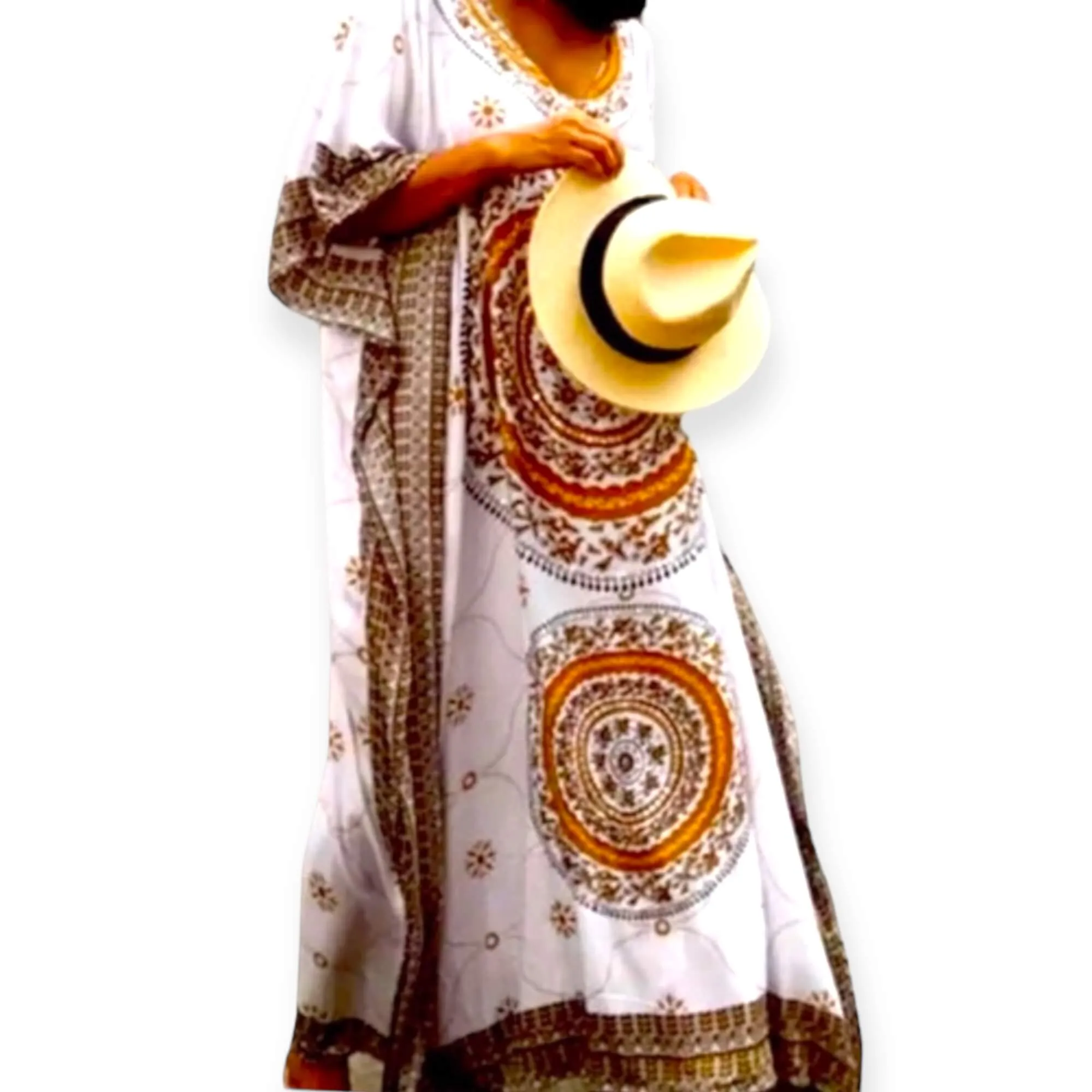 Boho Ivory Brown Medallion Maxi Kaftan Dress