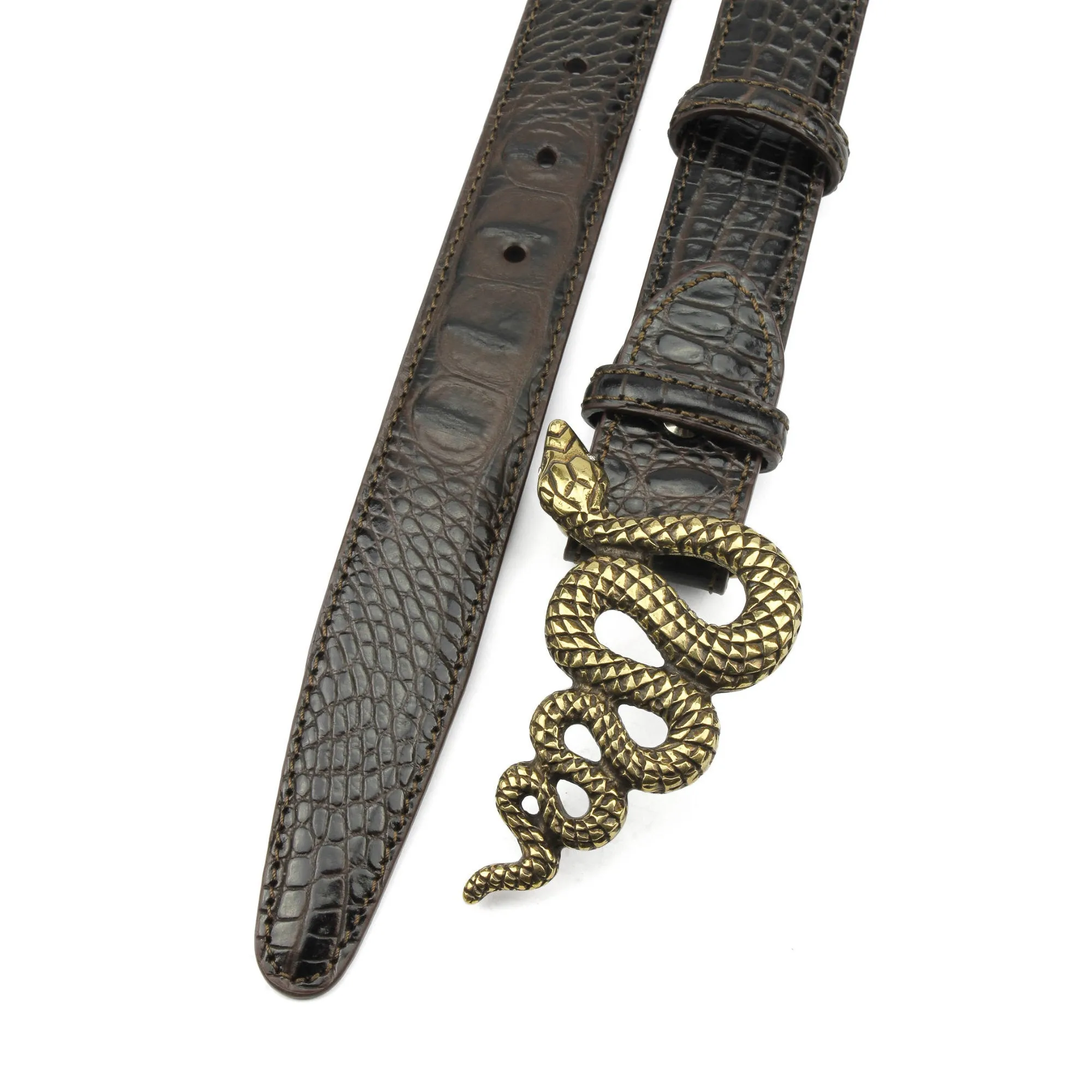 Deep Choc Mock Croc Narrow Crystal Snake Belt