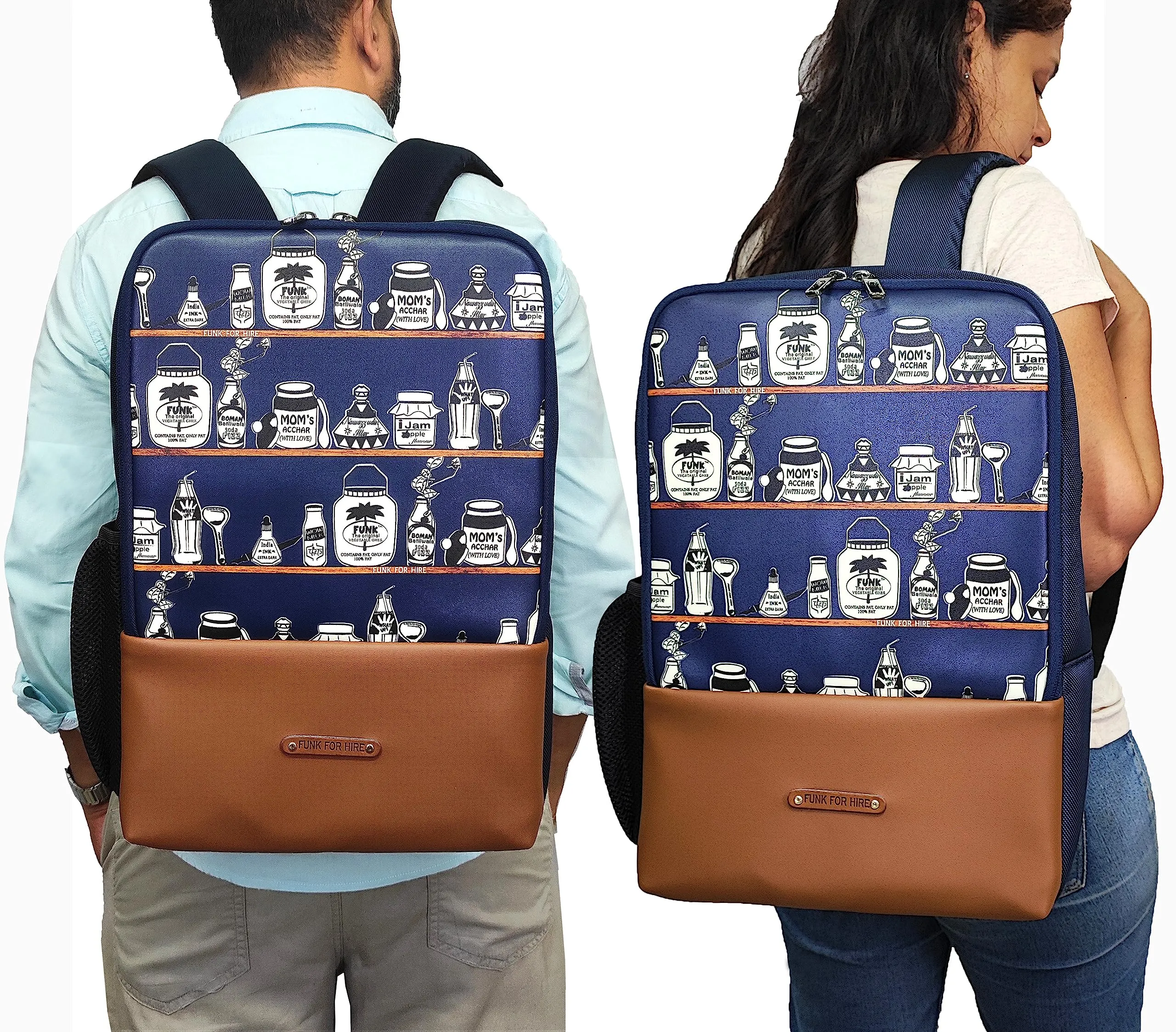 Funk For Hire Printed Leatherette 15.6" inch Laptop Backpack with USB Charging Port - Navy Blue