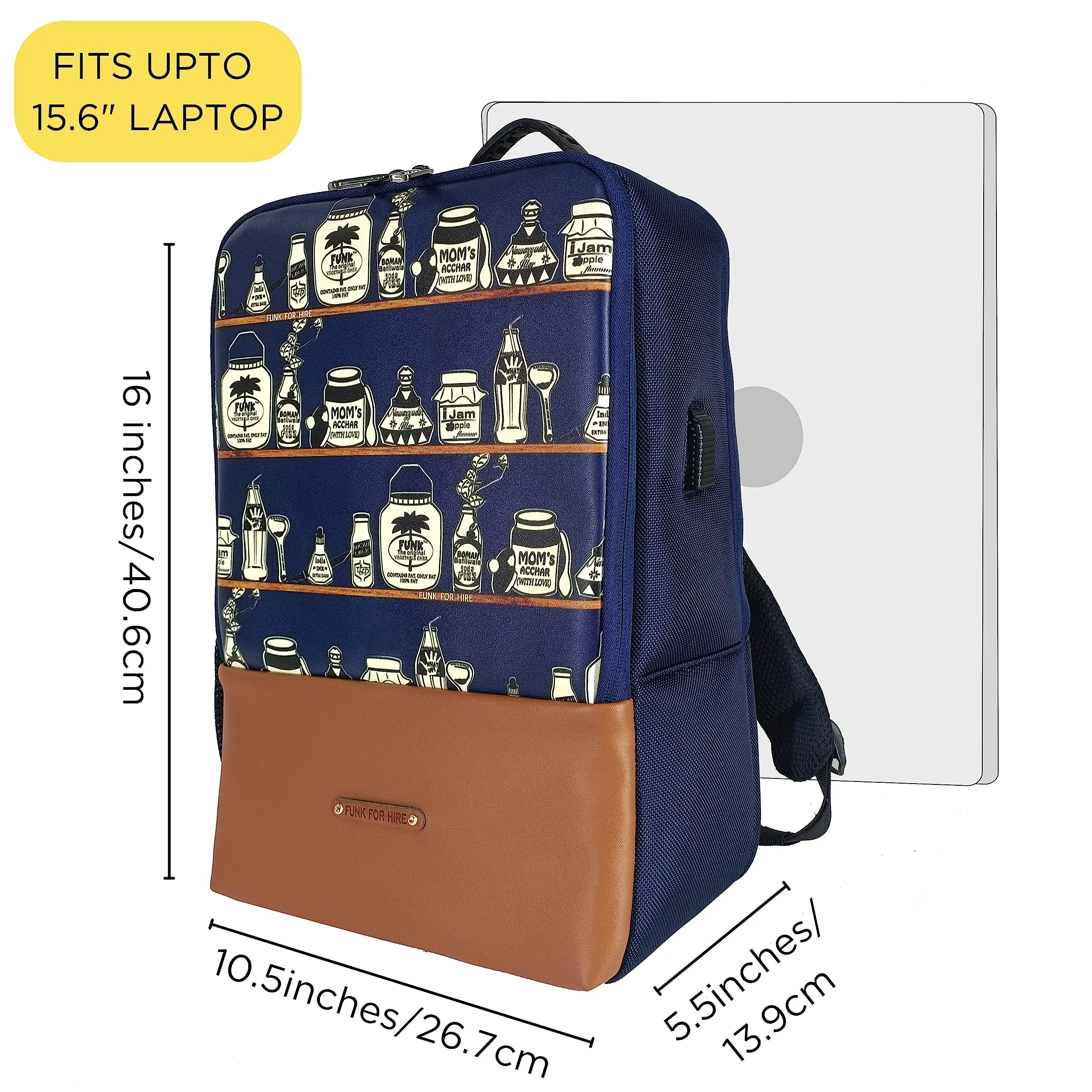 Funk For Hire Printed Leatherette 15.6" inch Laptop Backpack with USB Charging Port - Navy Blue