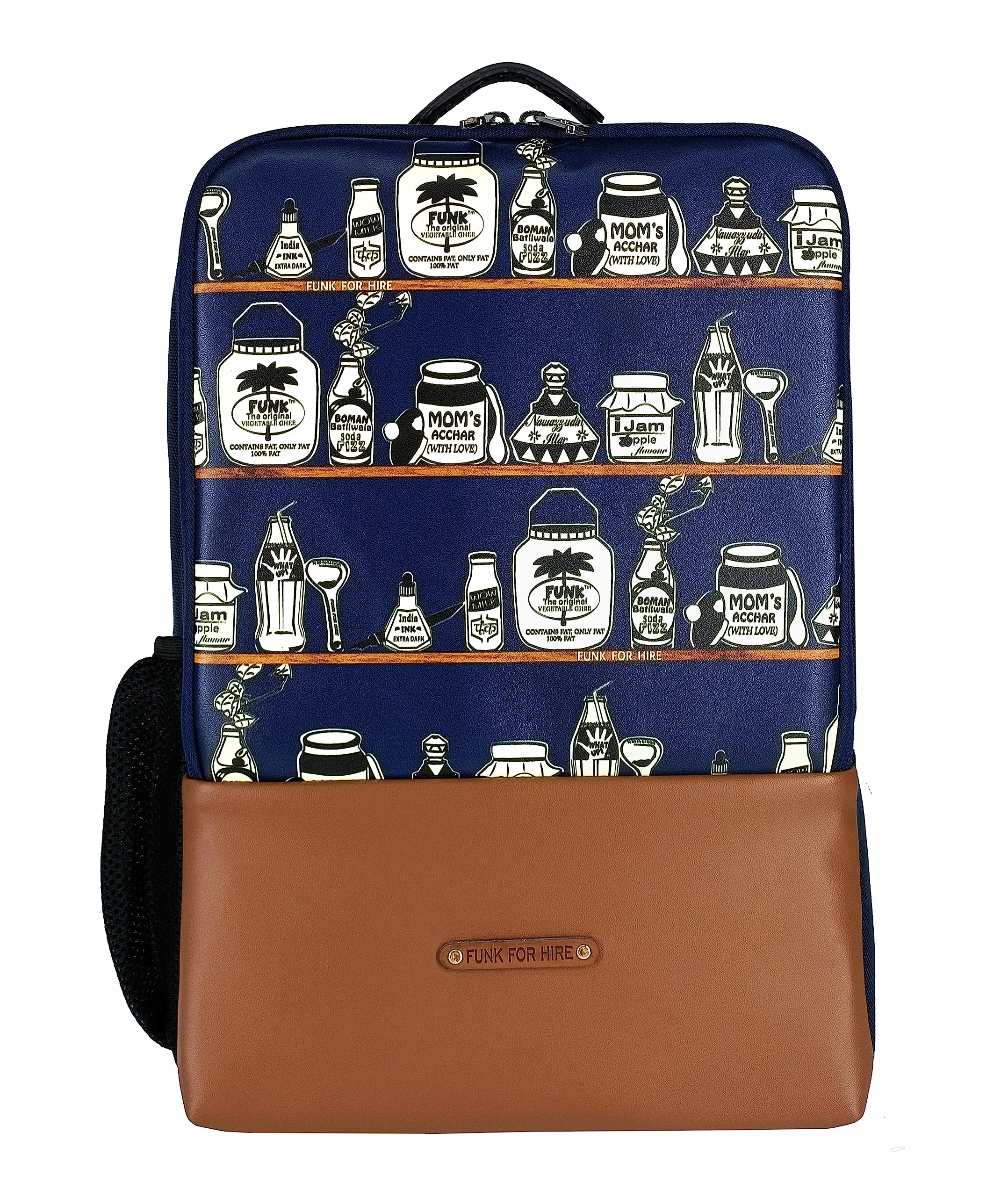 Funk For Hire Printed Leatherette 15.6" inch Laptop Backpack with USB Charging Port - Navy Blue