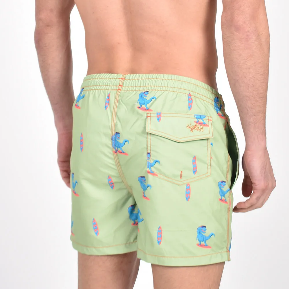 Green Surfing T-Rex Print Swim Trunks