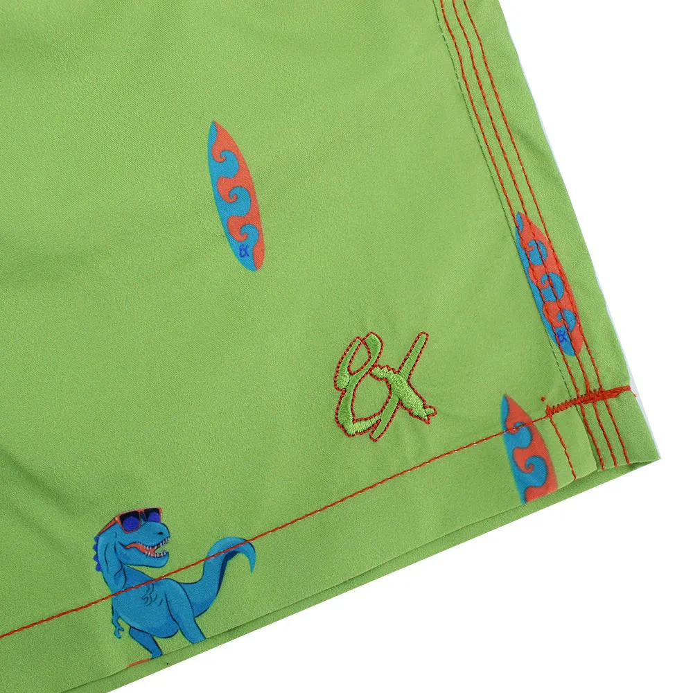 Green Surfing T-Rex Print Swim Trunks