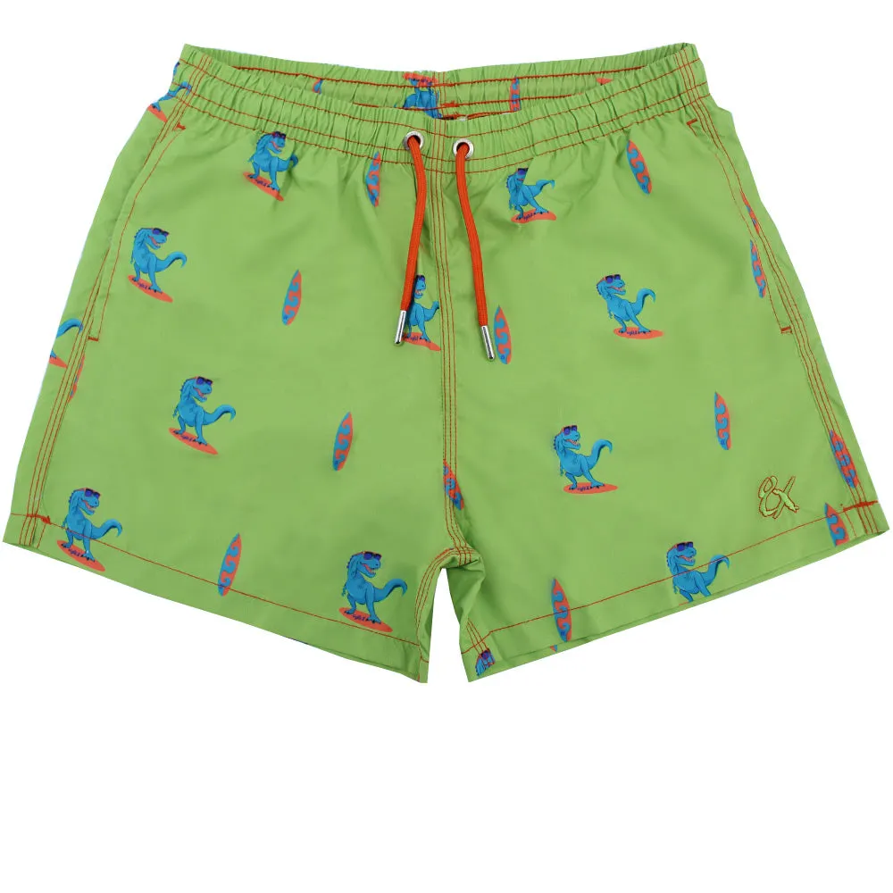 Green Surfing T-Rex Print Swim Trunks