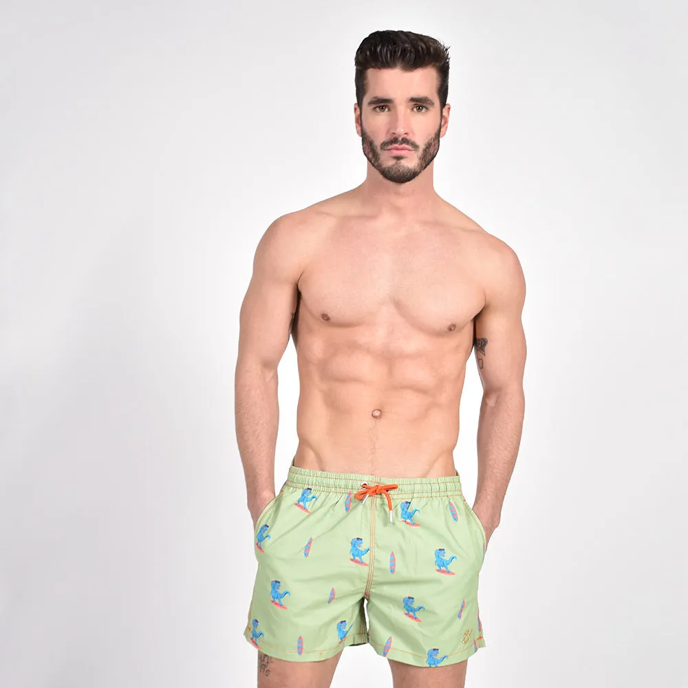 Green Surfing T-Rex Print Swim Trunks