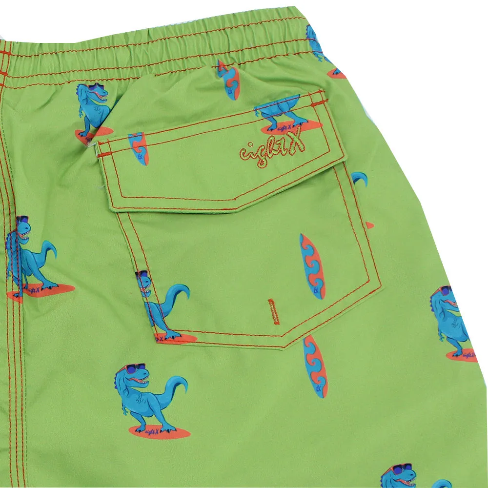 Green Surfing T-Rex Print Swim Trunks