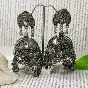 JewelMaze Oxidised Plated Kundan Stone Jhumkis Earrings - 10681205OX