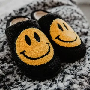 Just Smiley Black Plush Slippers