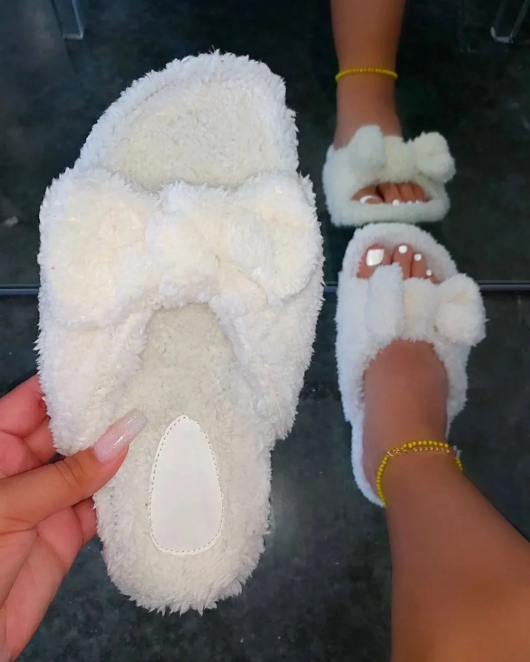 Ladies bow fluffy comfy home bedroom causal slippers slides