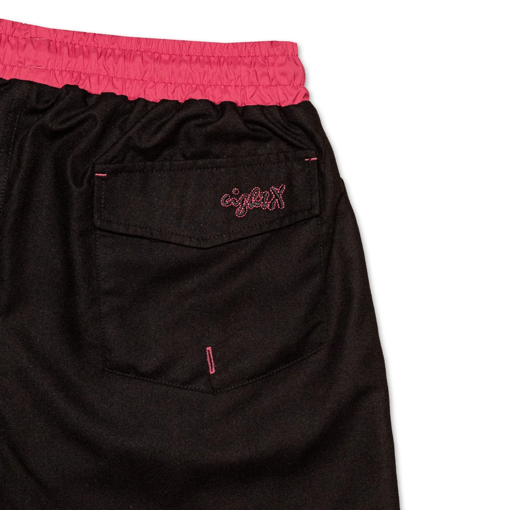 Men's Vintage Cut Black Swim Trunks With Magenta Trim