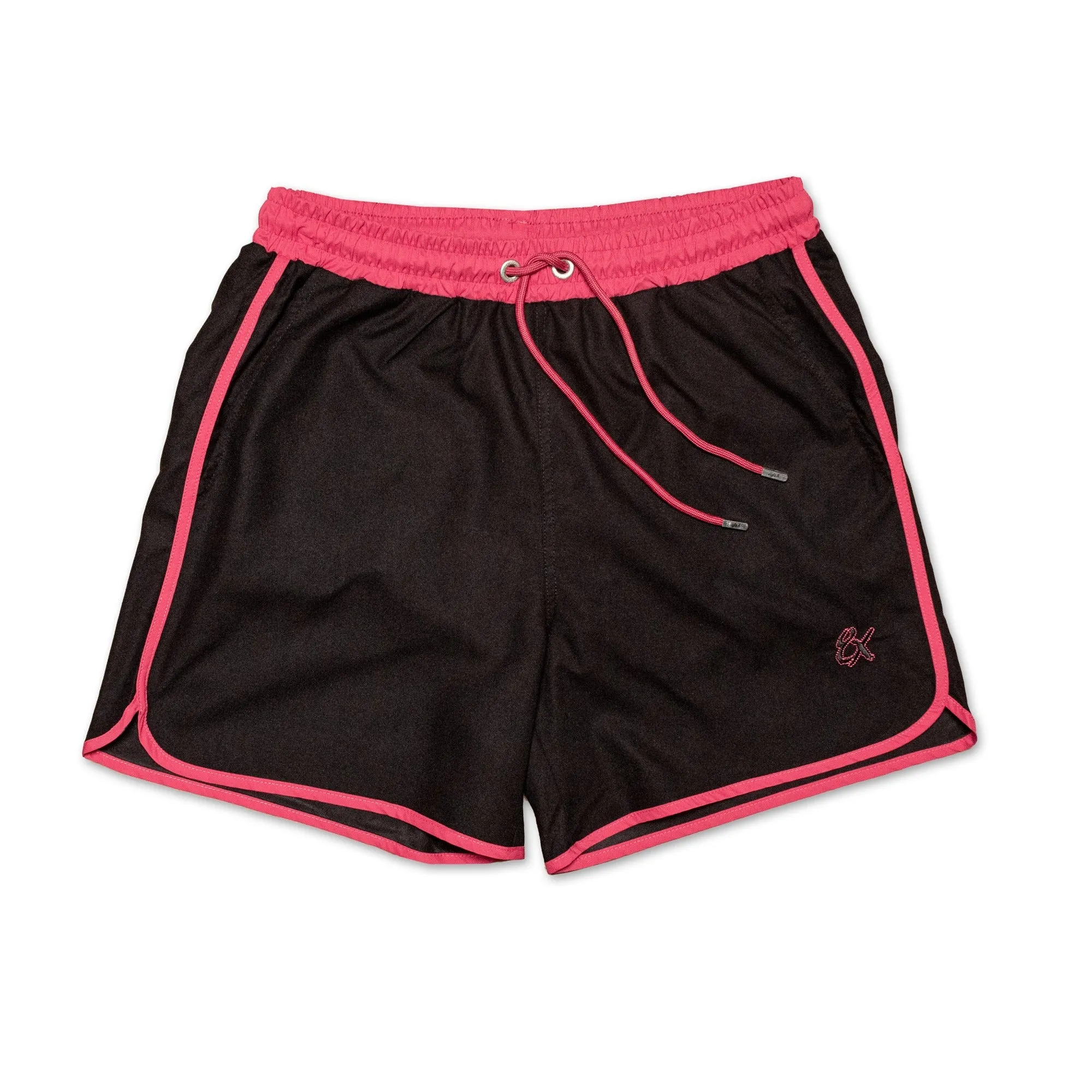 Men's Vintage Cut Black Swim Trunks With Magenta Trim