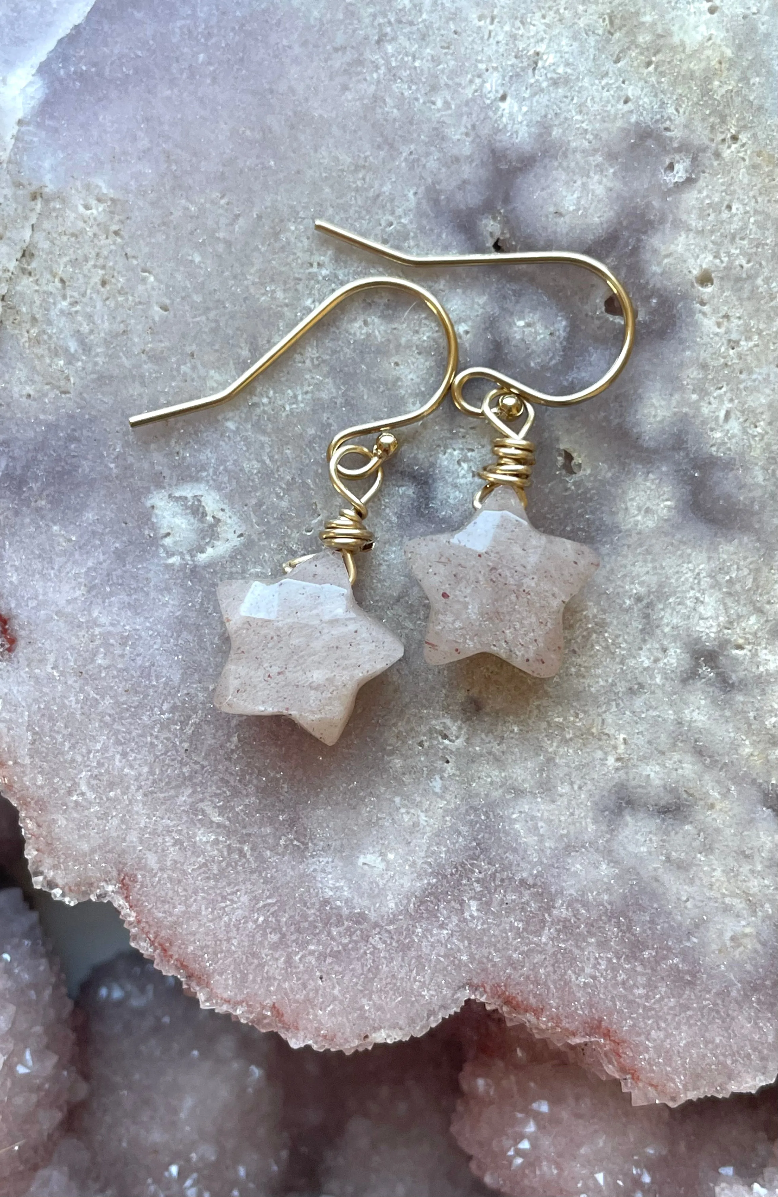 Peach moonstone star earrings dainty dangle