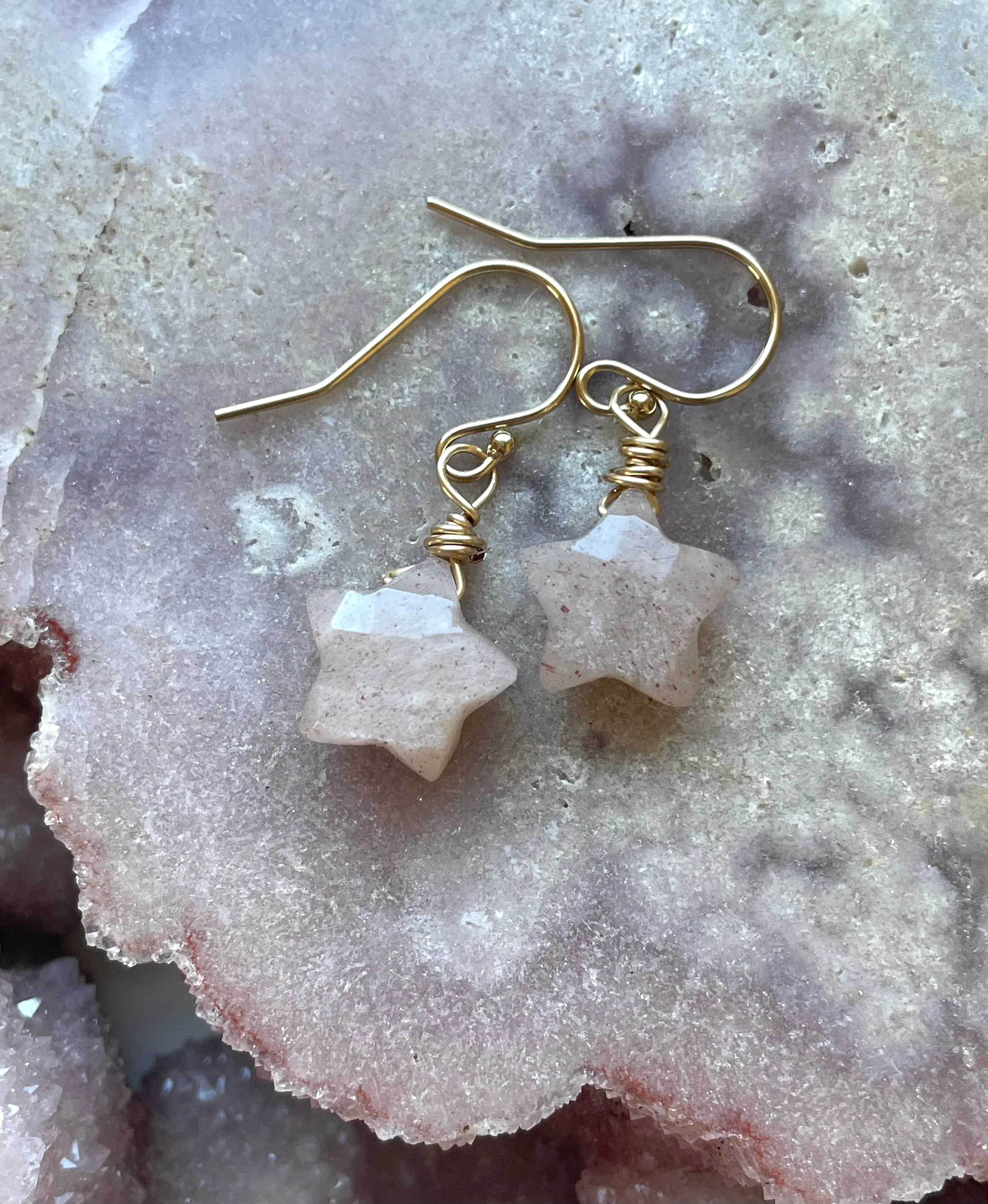 Peach moonstone star earrings dainty dangle