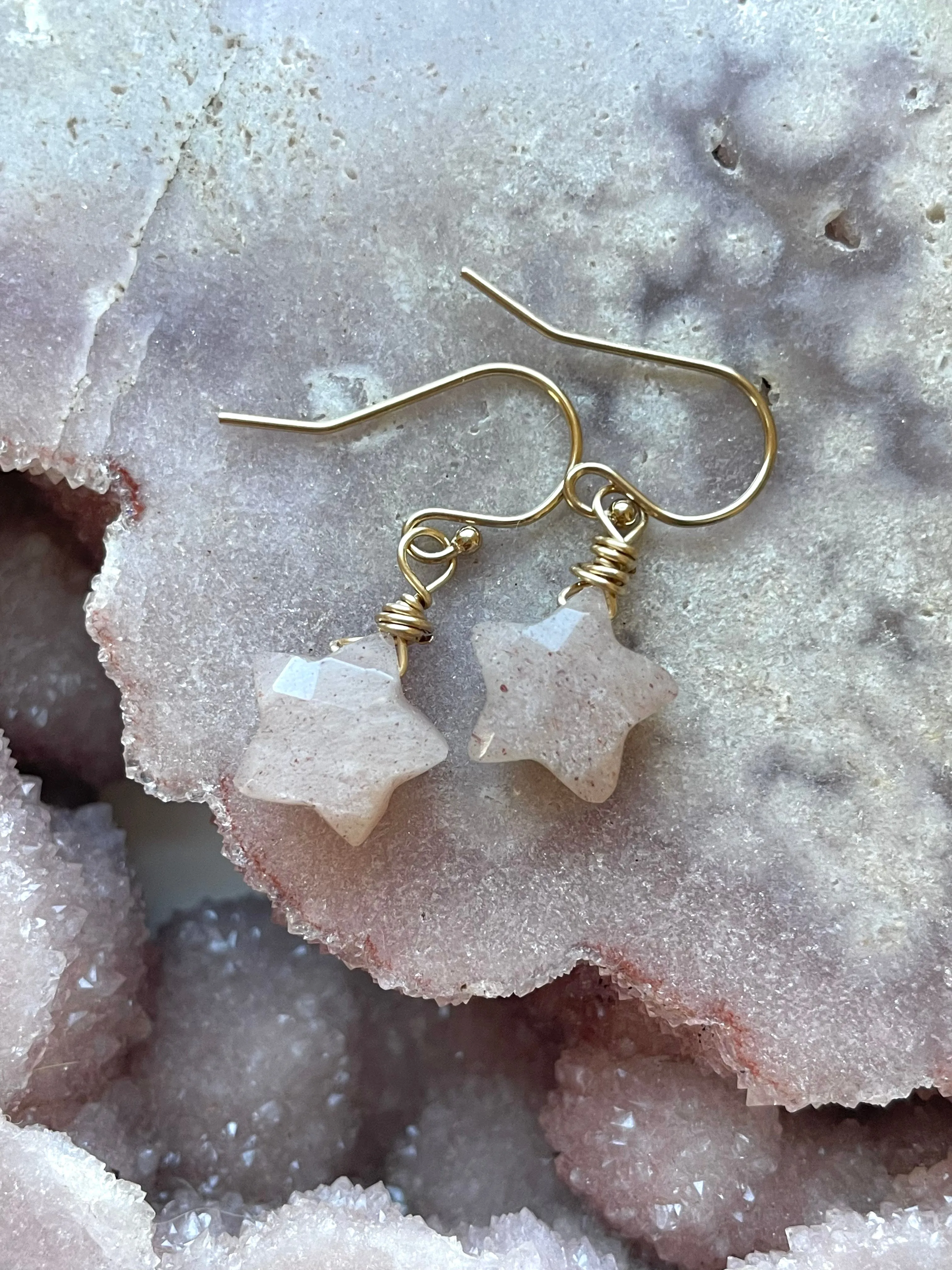 Peach moonstone star earrings dainty dangle