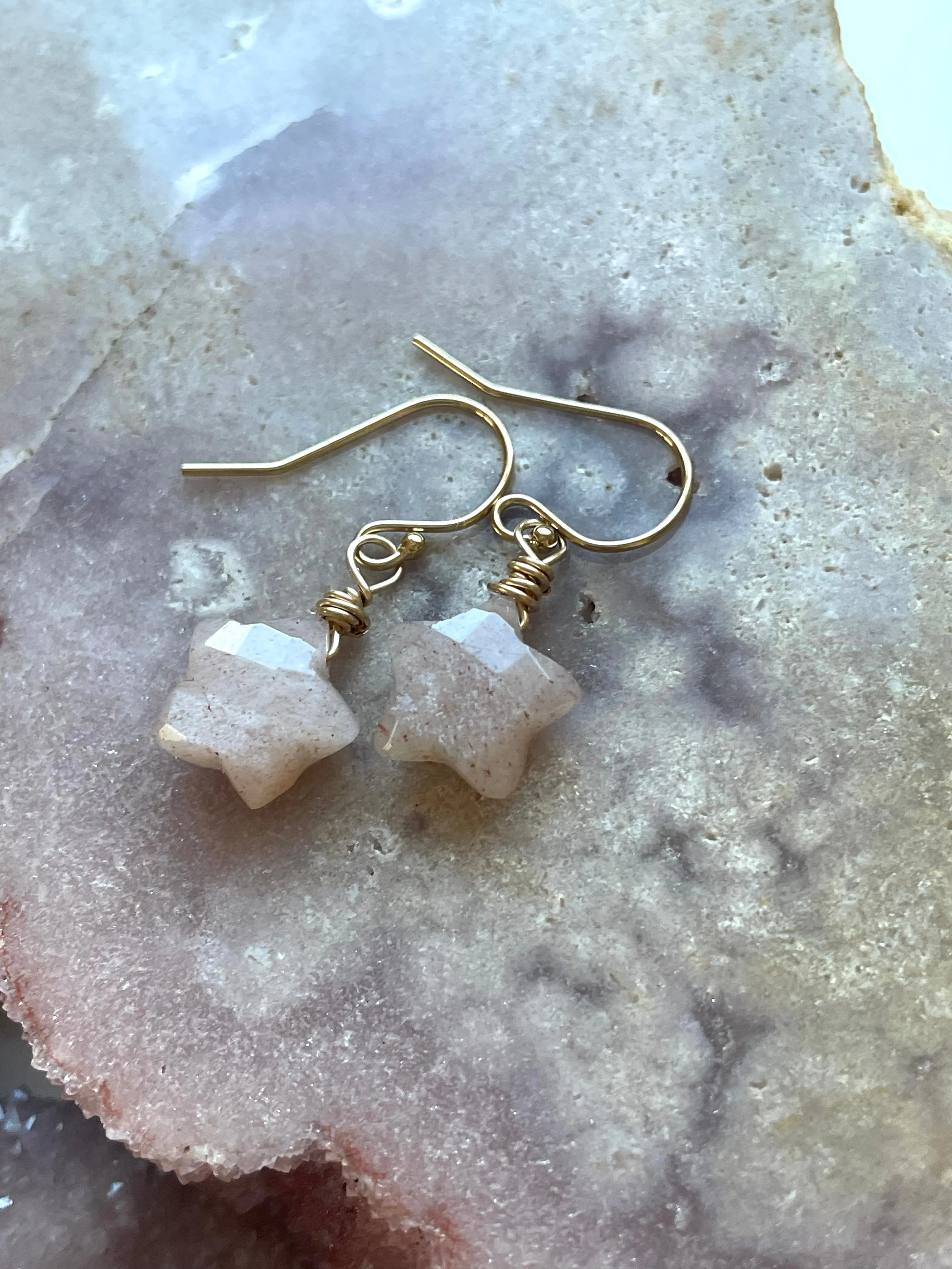 Peach moonstone star earrings dainty dangle