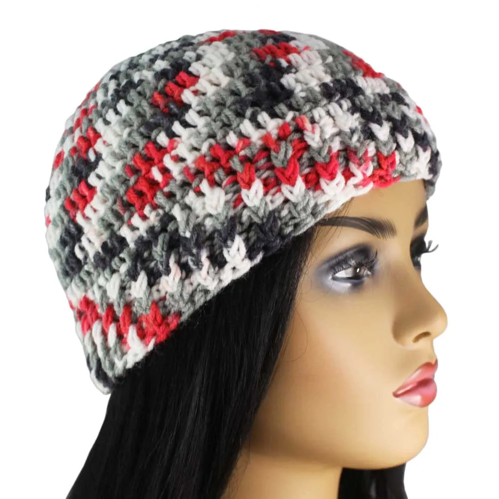 Red White Gray Black Crochet Snug Beanie Hat Med/Lg - JMCH59ML