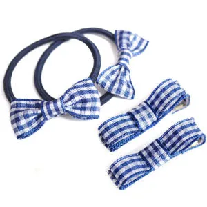 School Mini Bow Bobbles & Ribbon Hair Clips for School -In Gingham Ribbon