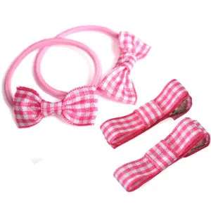 School Mini Bow Bobbles & Ribbon Hair Clips for School -In Gingham Ribbon