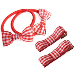 School Mini Bow Bobbles & Ribbon Hair Clips for School -In Gingham Ribbon