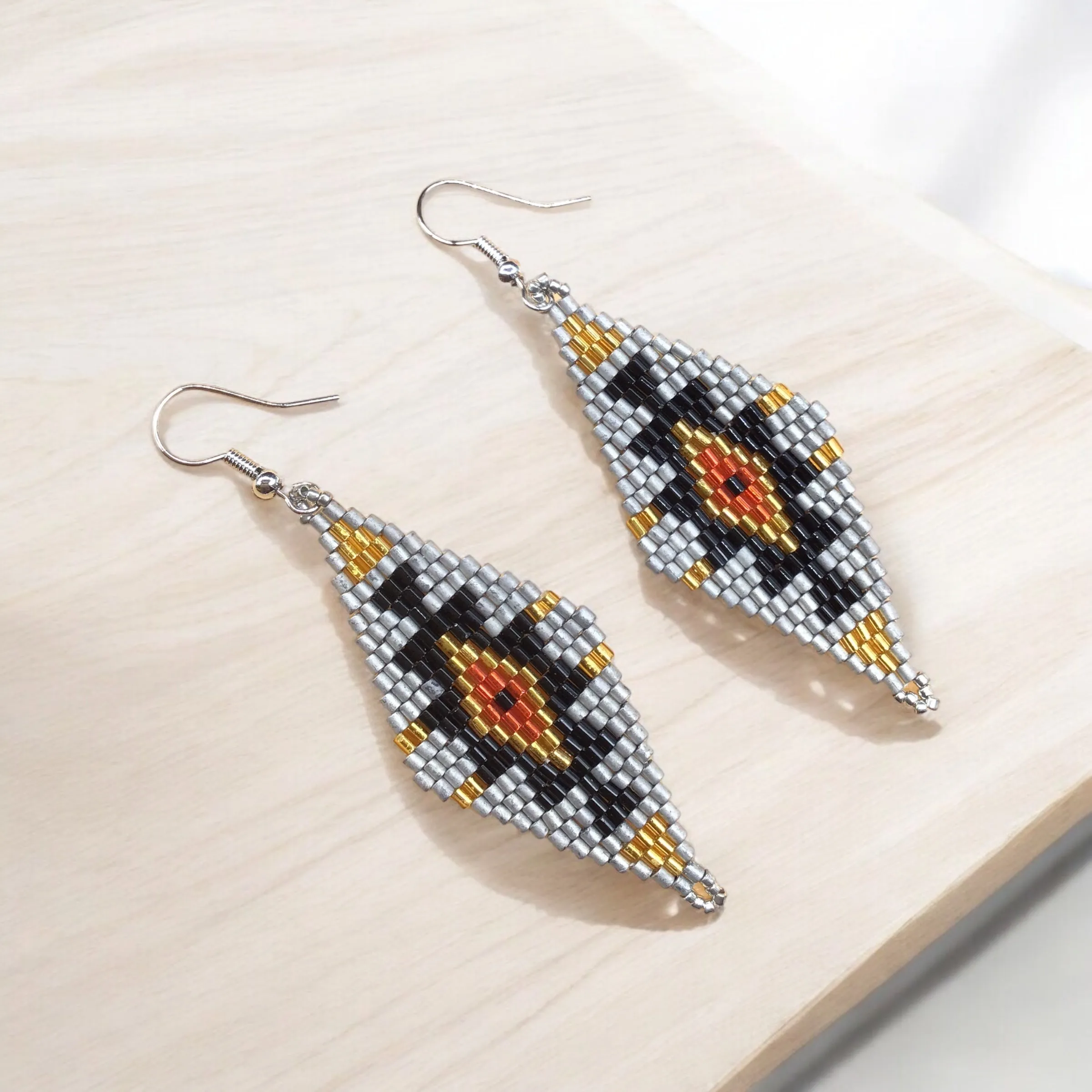 Silver and Black Miyuki Glass Beaded Earrings