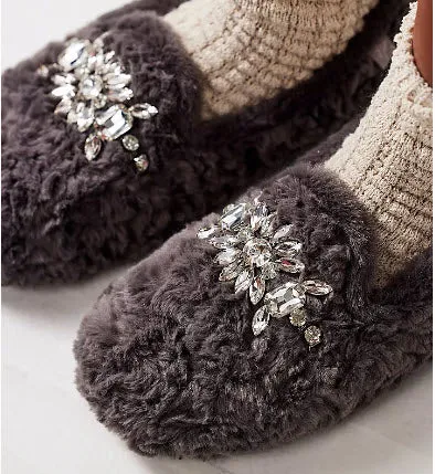 The Faux Fur Jeweled Slipper in Gray