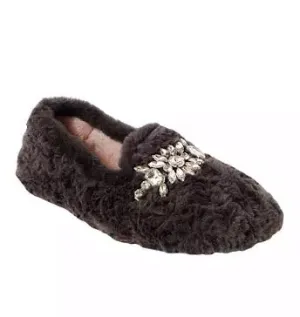 The Faux Fur Jeweled Slipper in Gray