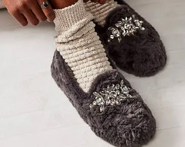 The Faux Fur Jeweled Slipper in Gray