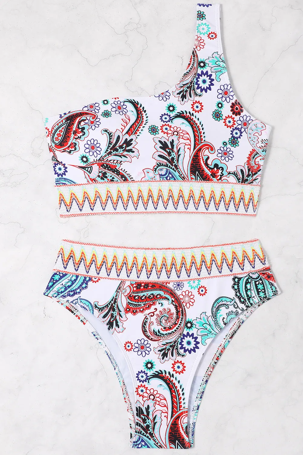 White Boho Paisley Contrast Trimmed One Shoulder Bikini