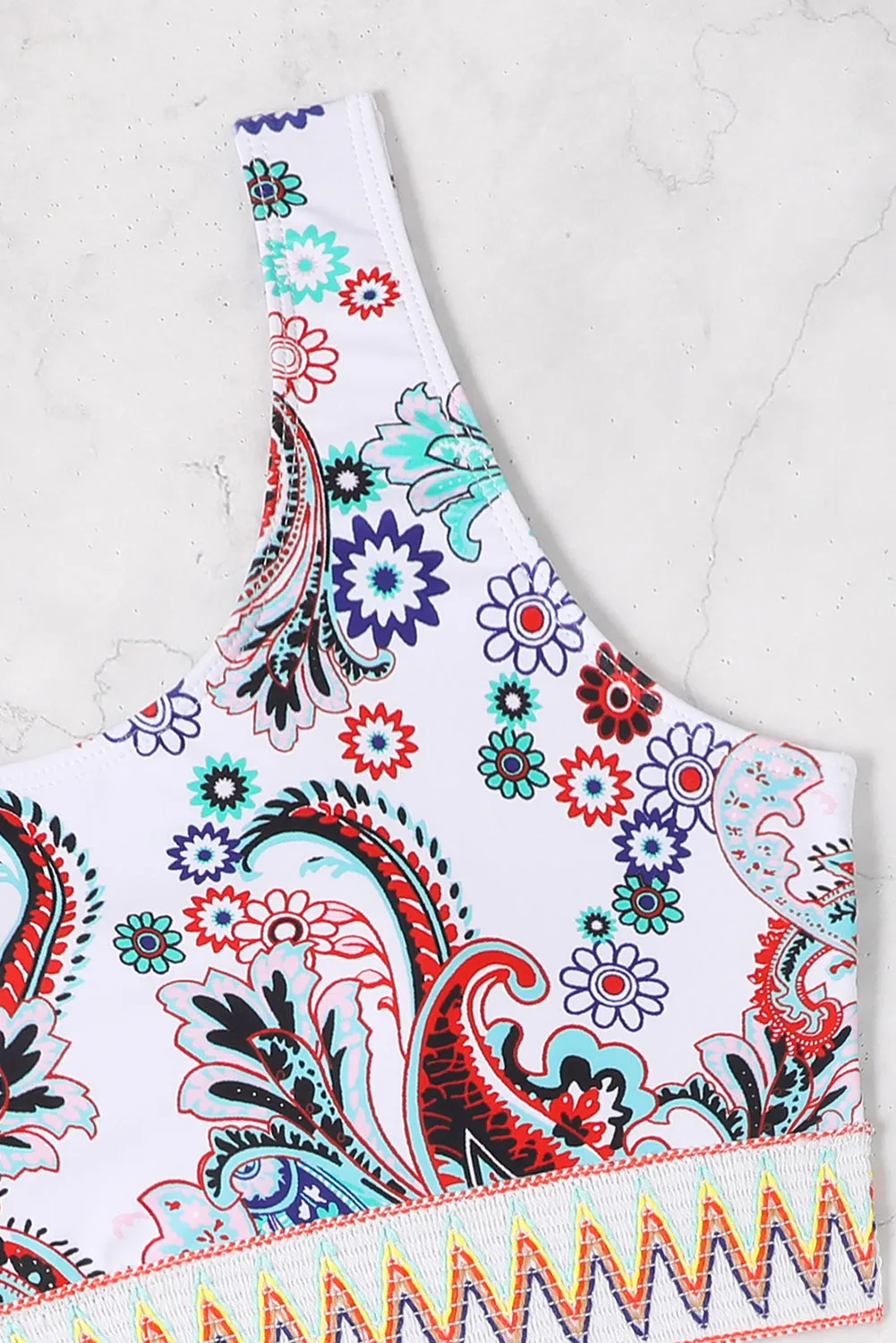 White Boho Paisley Contrast Trimmed One Shoulder Bikini