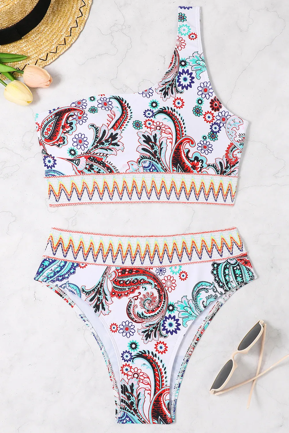 White Boho Paisley Contrast Trimmed One Shoulder Bikini