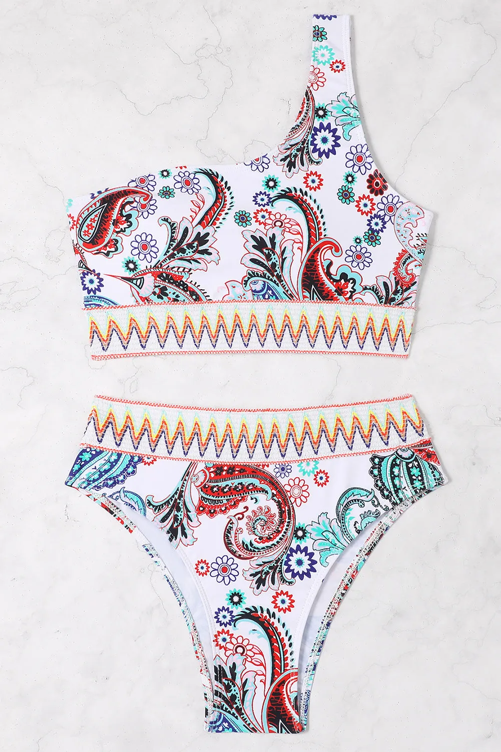 White Boho Paisley Contrast Trimmed One Shoulder Bikini